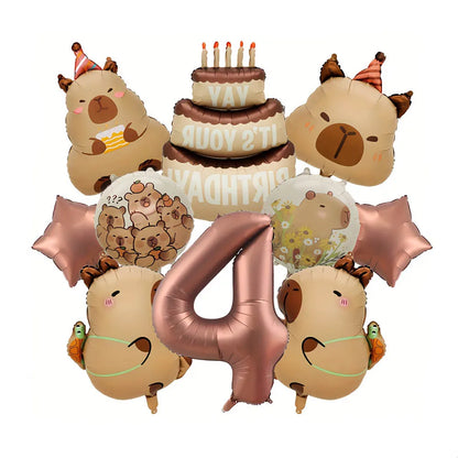 10Pcs Cartoon Animal Capybara Theme Birthday Cake Foil Balloon Children Birthday Party Coffee Number  Balloon Baby Shower Decora