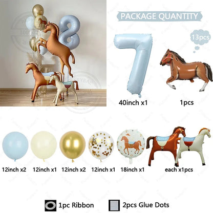 13pcs Cartoon Horse Birthday Party Decoration Aluminum Film Ballons Baby Shower Pet Pony Birthday Farm Party Theme Balloons