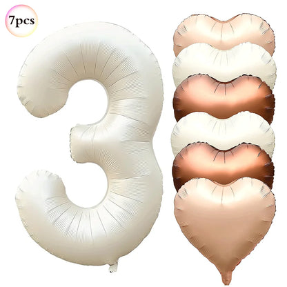 Ballon Chiffre Anniversaire Crème | Cœurs | Lot de 7 Pièces