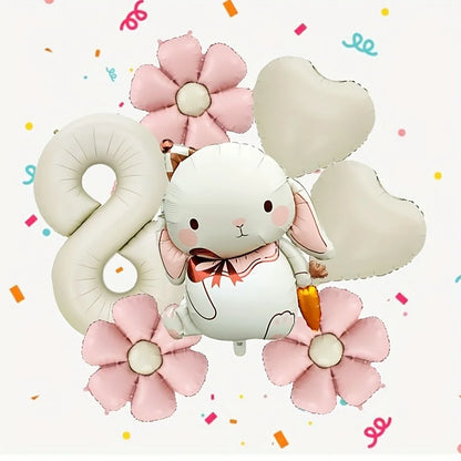7pcs Adorable Rabbit Daisies Balloon Set 40 Inch Cream White Number 1-9 Birthday Balloon Cartoon Rabbit Easter Party Decoration