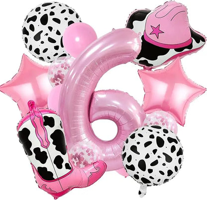 Pink Cowboy Boots & Hat Foil Balloons Set for Farm Birthday Decorations, Western Theme Party Supplies with Number Balloons