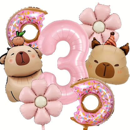 Cartoon Dolphin Pink Daisy Flower Happy Birthday Balloon Doughnut Set 32inch Pink Digit Capibara Theme Party Globos Supplies