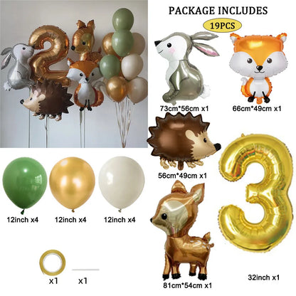 Hedgehog Deer Fox Rabbit Balloon Set Gold Number Balloon for Boy's Woodland Animal Happy Birthday Party Decorations Kids Gifts