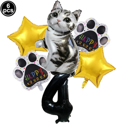 Cat Party Balloons Set Pink Blue Kitten Cat's Paw Foil Balloon with 32'' Number Balloons for Boy Girl 1-9th Birthday Party Decor