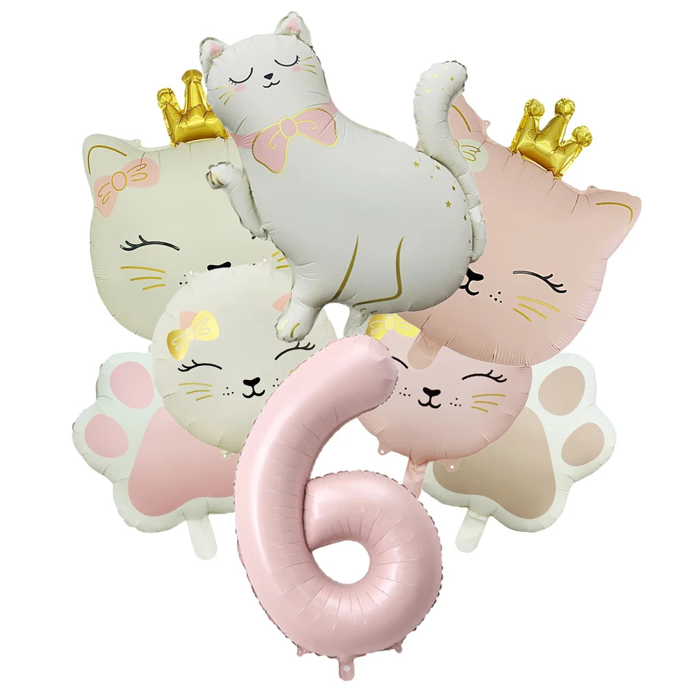 Ballons Anniversaire Chat Rose avec Chiffre | Lot de 7 pièces