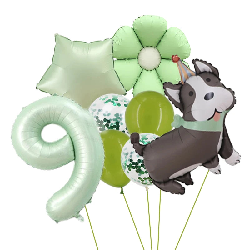 Ballons Anniversaire Chien Vert | Lot de 8 Pièces