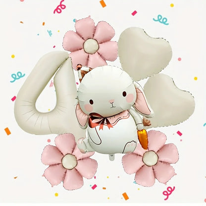 7pcs Adorable Rabbit Daisies Balloon Set 40 Inch Cream White Number 1-9 Birthday Balloon Cartoon Rabbit Easter Party Decoration