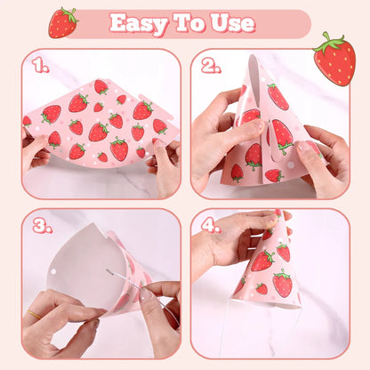 6pcs Pink Strawberry Birthday Party Hats Easy Assembly Lightweight Sturdy Cone Paper Hats for Girls Birthday Party Decorations