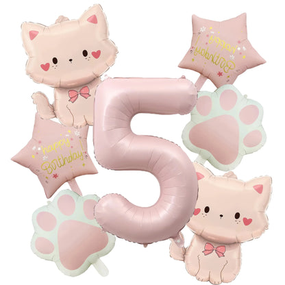 Ballons anniversaire chat rose | Lot de 7 pièces