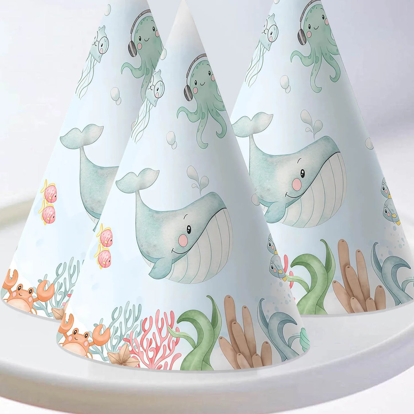 6pcs/set Sea Animal Party Hat Cartoon Under the Water Animal Paper Hats For Happy Birthday Party Decoration DIY Gifts Supplies
