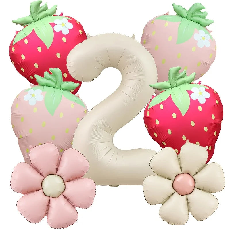 7Pcs Fruit Strawberry Flower Foil Balloon with 40inch Cream Number Balloon Berry First Birthday Sweet Summer Party Supplies
