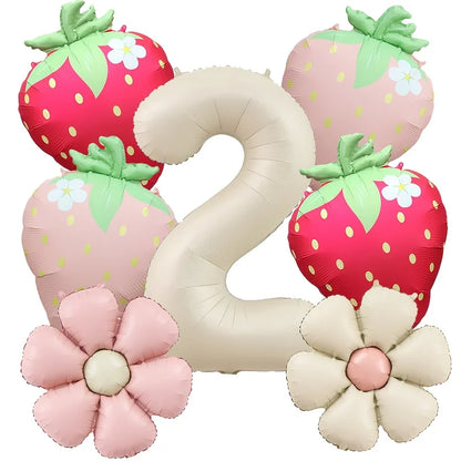 7Pcs Fruit Strawberry Flower Foil Balloon with 40inch Cream Number Balloon Berry First Birthday Sweet Summer Party Supplies