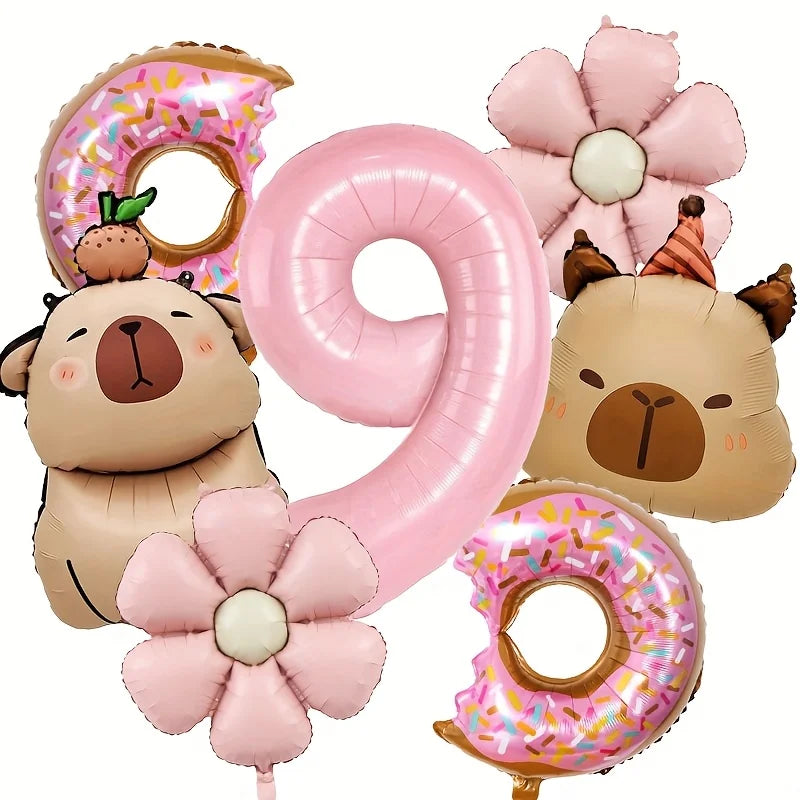 Cartoon Dolphin Pink Daisy Flower Happy Birthday Balloon Doughnut Set 32inch Pink Digit Capibara Theme Party Globos Supplies