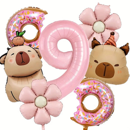 Cartoon Dolphin Pink Daisy Flower Happy Birthday Balloon Doughnut Set 32inch Pink Digit Capibara Theme Party Globos Supplies