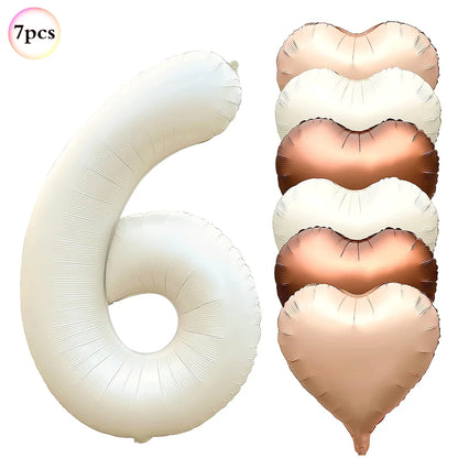Ballon Chiffre Anniversaire Crème | Cœurs | Lot de 7 Pièces