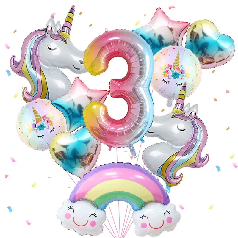 1set Rainbow Unicorn Girl Balloon Aluminum Film Balloon Set with Smiling Rainbow Foil 1st Newborn Party Decoration Supplies