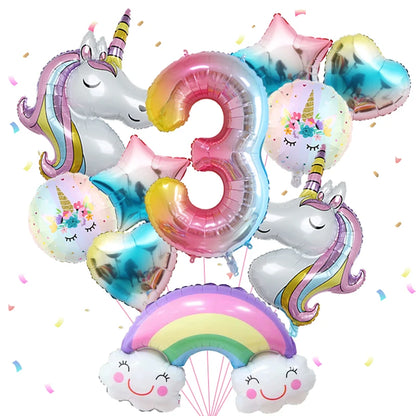 1set Rainbow Unicorn Girl Balloon Aluminum Film Balloon Set with Smiling Rainbow Foil 1st Newborn Party Decoration Supplies