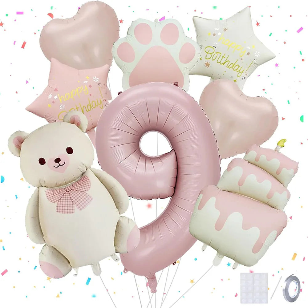 8pcs Pink Matte Bear Foil Theme Balloon for Birthday Party Decoration Cute Animal Bear Theme Event Baby Shower Decorations Gift