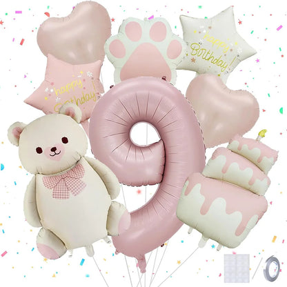 8pcs Pink Matte Bear Foil Theme Balloon for Birthday Party Decoration Cute Animal Bear Theme Event Baby Shower Decorations Gift