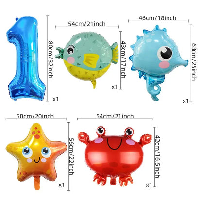 5pcs Ocean Themed Cartoon Animal Balloons 32 inch Blue Number Birthday Balloon Set Festive Party Decoration Birthday Supplies