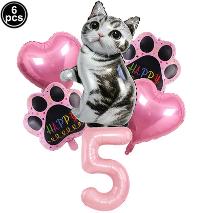 Cat Party Balloons Set Pink Blue Kitten Cat's Paw Foil Balloon with 32'' Number Balloons for Boy Girl 1-9th Birthday Party Decor