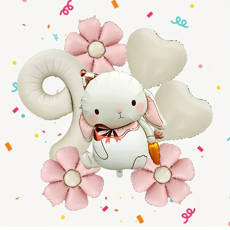 7pcs Adorable Rabbit Daisies Balloon Set 40 Inch Cream White Number 1-9 Birthday Balloon Cartoon Rabbit Easter Party Decoration