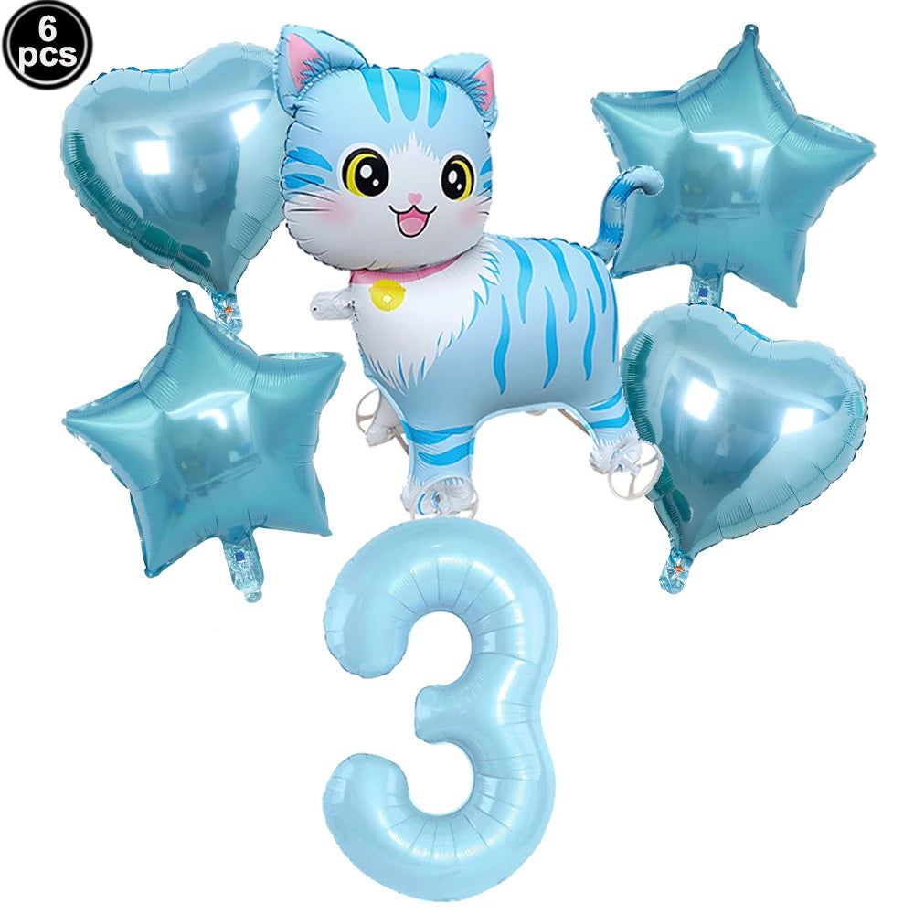Cat Party Balloons Set Pink Blue Kitten Cat's Paw Foil Balloon with 32'' Number Balloons for Boy Girl 1-9th Birthday Party Decor