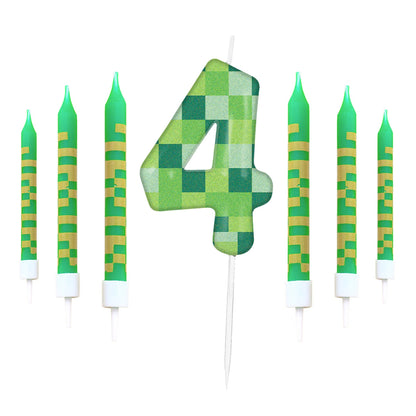 7pcs Green my world Candle Birthday Party Pixel Theme Birthday Party Video Game Party Decoration 0-9 Cake Top Digital Candles