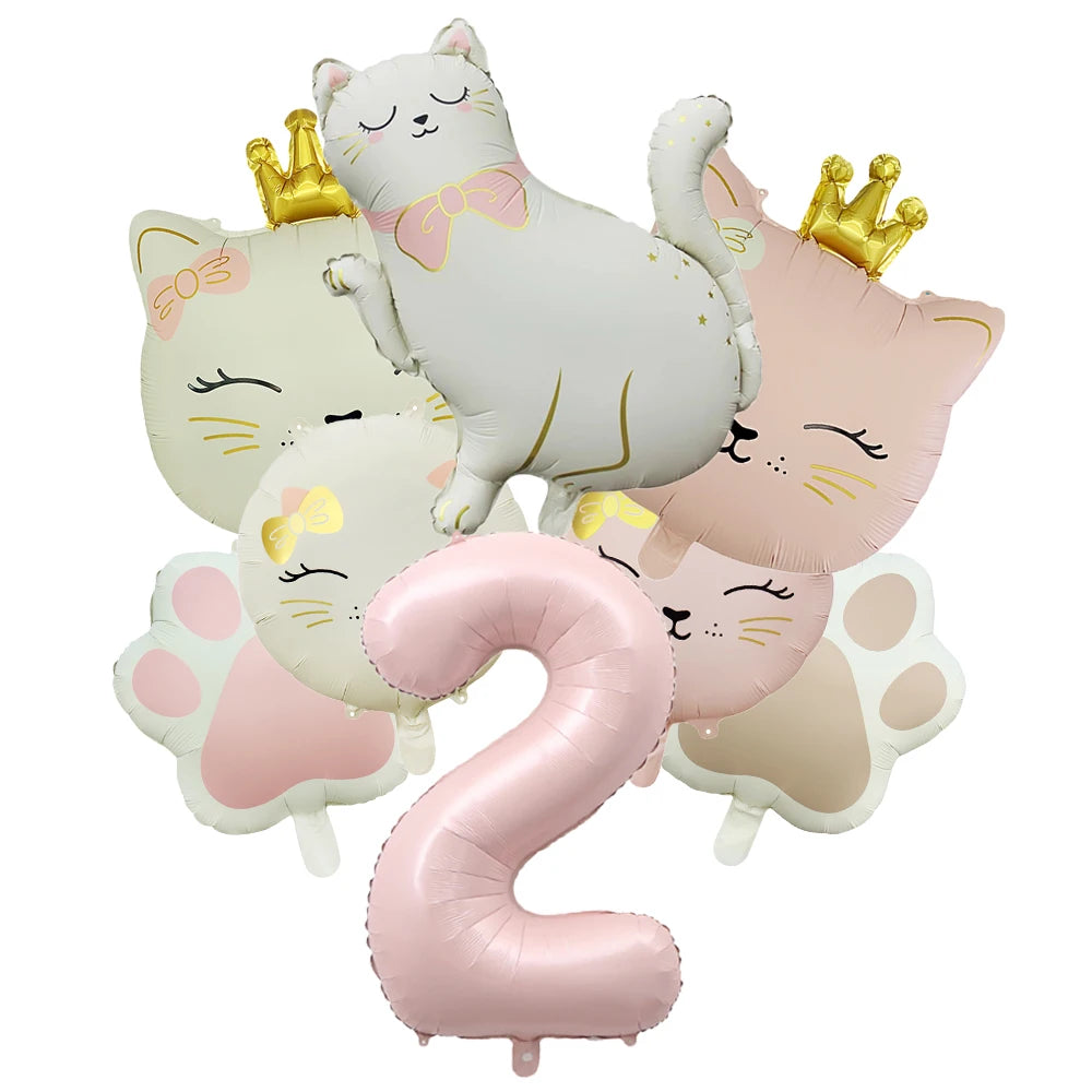 Ballons Anniversaire Chat Rose avec Chiffre | Lot de 7 pièces