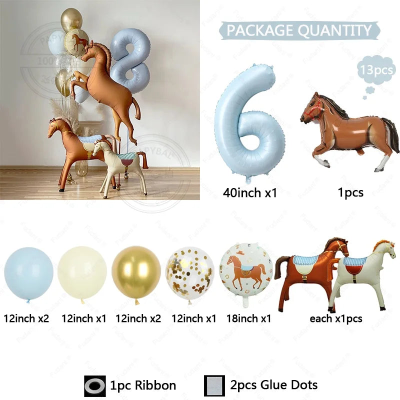 13pcs Cartoon Horse Birthday Party Decoration Aluminum Film Ballons Baby Shower Pet Pony Birthday Farm Party Theme Balloons