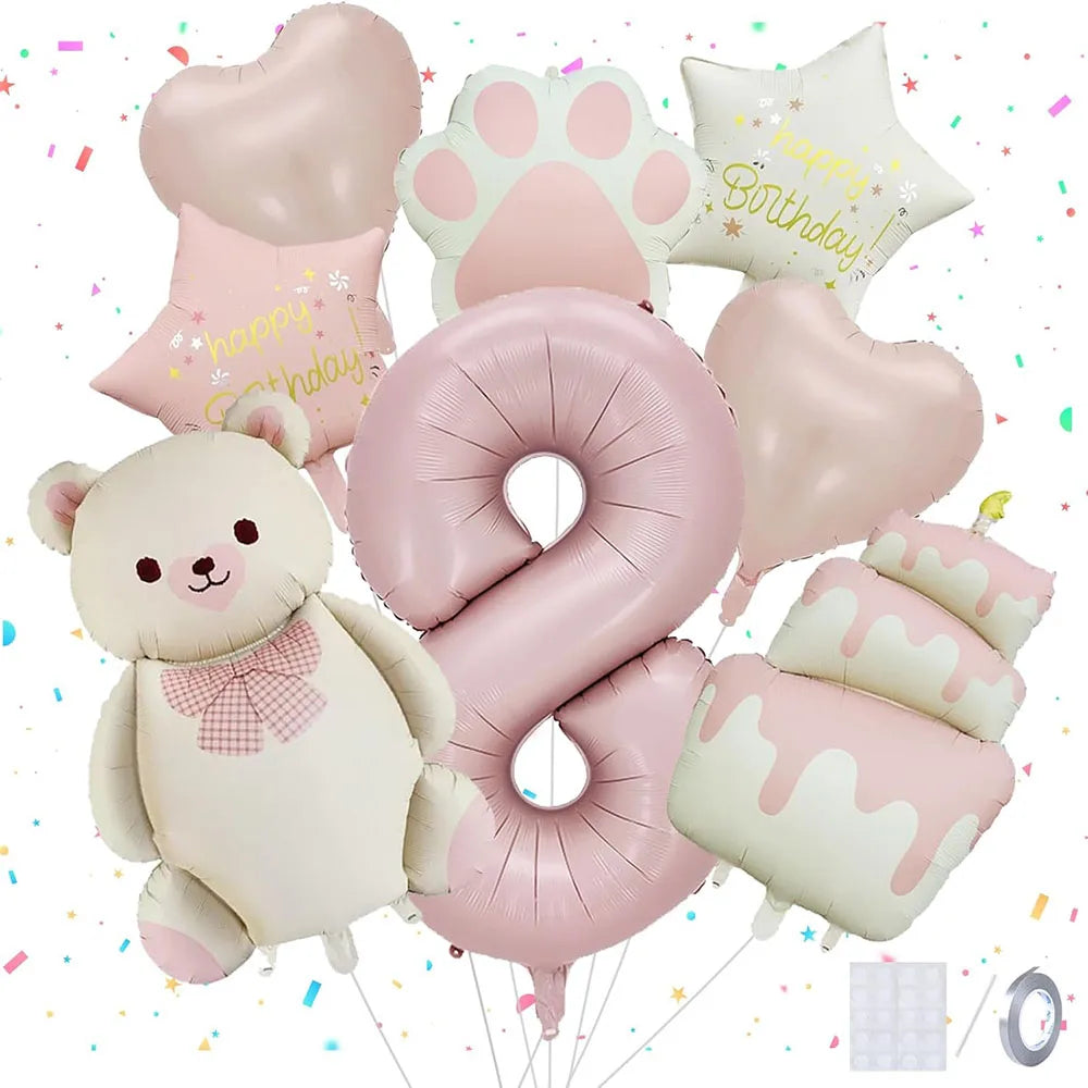 8pcs Pink Matte Bear Foil Theme Balloon for Birthday Party Decoration Cute Animal Bear Theme Event Baby Shower Decorations Gift
