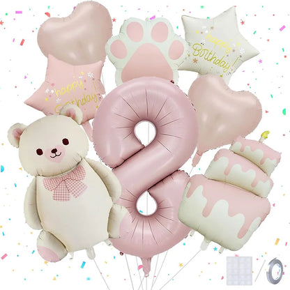 8pcs Pink Matte Bear Foil Theme Balloon for Birthday Party Decoration Cute Animal Bear Theme Event Baby Shower Decorations Gift