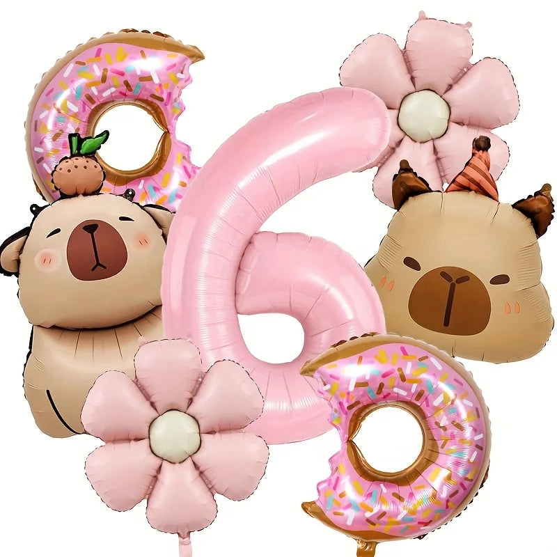 Cartoon Dolphin Pink Daisy Flower Happy Birthday Balloon Doughnut Set 32inch Pink Digit Capibara Theme Party Globos Supplies