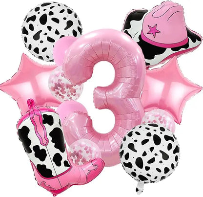 Pink Cowboy Boots & Hat Foil Balloons Set for Farm Birthday Decorations, Western Theme Party Supplies with Number Balloons