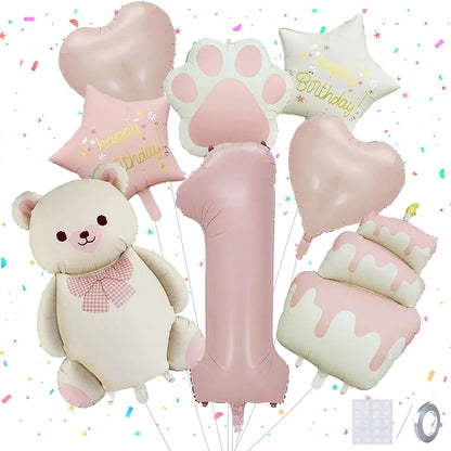 8pcs Pink Matte Bear Foil Theme Balloon for Birthday Party Decoration Cute Animal Bear Theme Event Baby Shower Decorations Gift