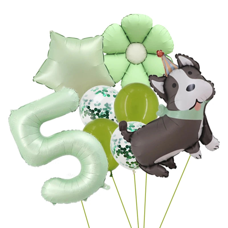 Ballons Anniversaire Chien Vert | Lot de 8 Pièces