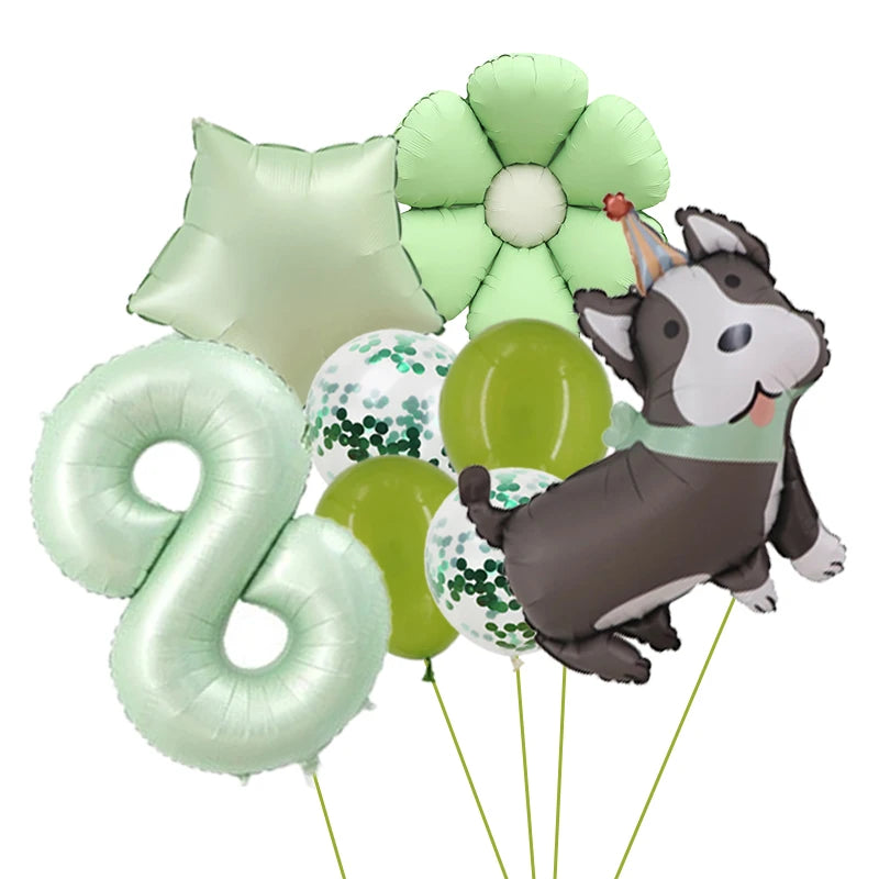 Ballons Anniversaire Chien Vert | Lot de 8 Pièces
