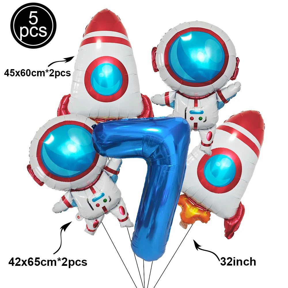 1Set Galaxy Space Balloons Blue 32inchNumber Balloons Rocket Astronaut Balloons for Boys Galaxy Themed Party Birthday Decoration