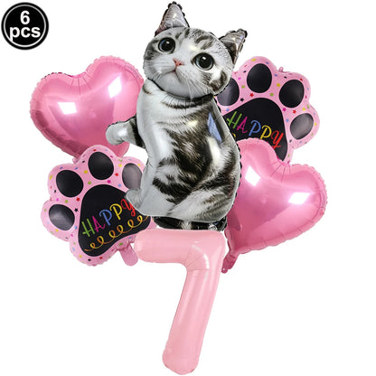 Cat Party Balloons Set Pink Blue Kitten Cat's Paw Foil Balloon with 32'' Number Balloons for Boy Girl 1-9th Birthday Party Decor