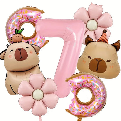 Cartoon Dolphin Pink Daisy Flower Happy Birthday Balloon Doughnut Set 32inch Pink Digit Capibara Theme Party Globos Supplies