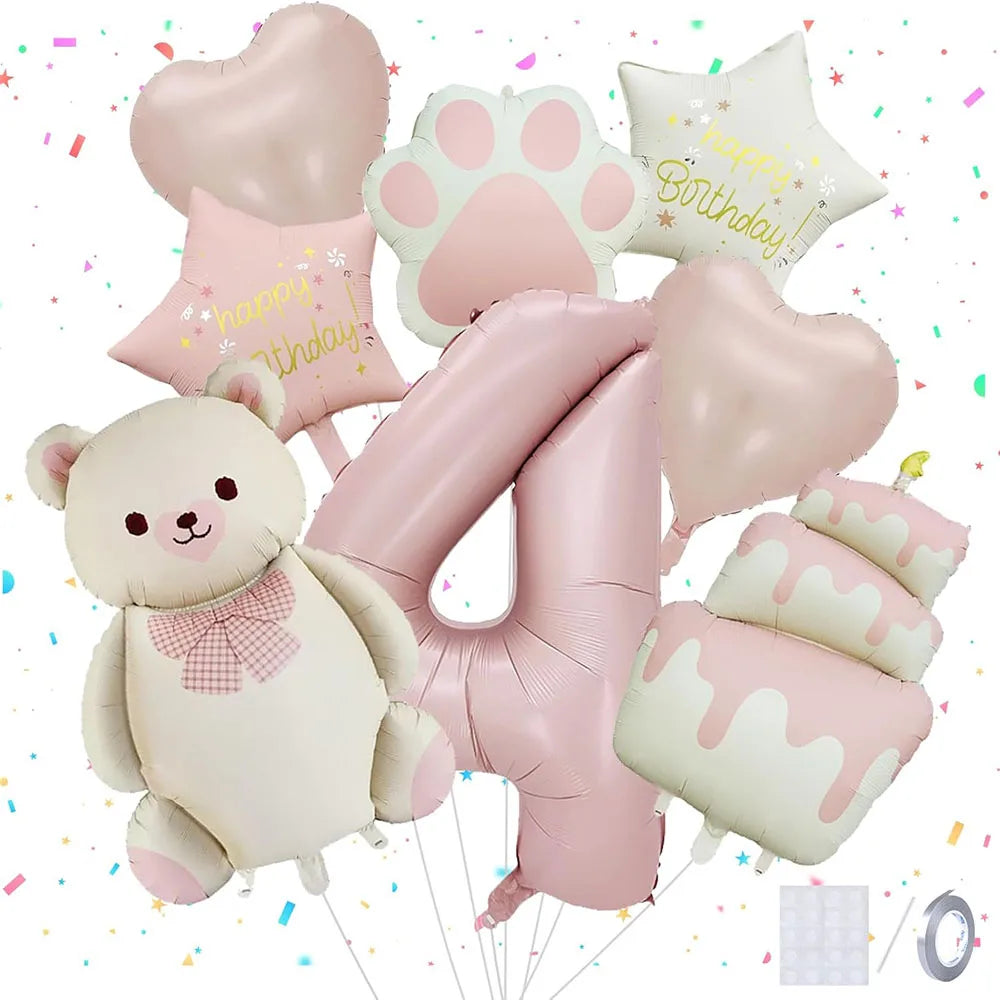 8pcs Pink Matte Bear Foil Theme Balloon for Birthday Party Decoration Cute Animal Bear Theme Event Baby Shower Decorations Gift