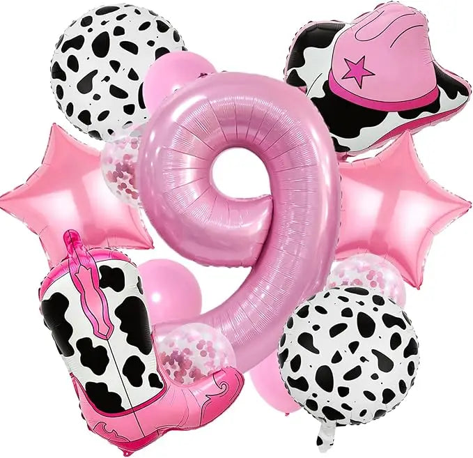 Pink Cowboy Boots & Hat Foil Balloons Set for Farm Birthday Decorations, Western Theme Party Supplies with Number Balloons