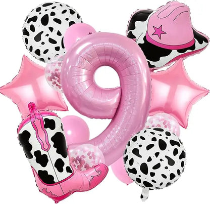 Pink Cowboy Boots & Hat Foil Balloons Set for Farm Birthday Decorations, Western Theme Party Supplies with Number Balloons