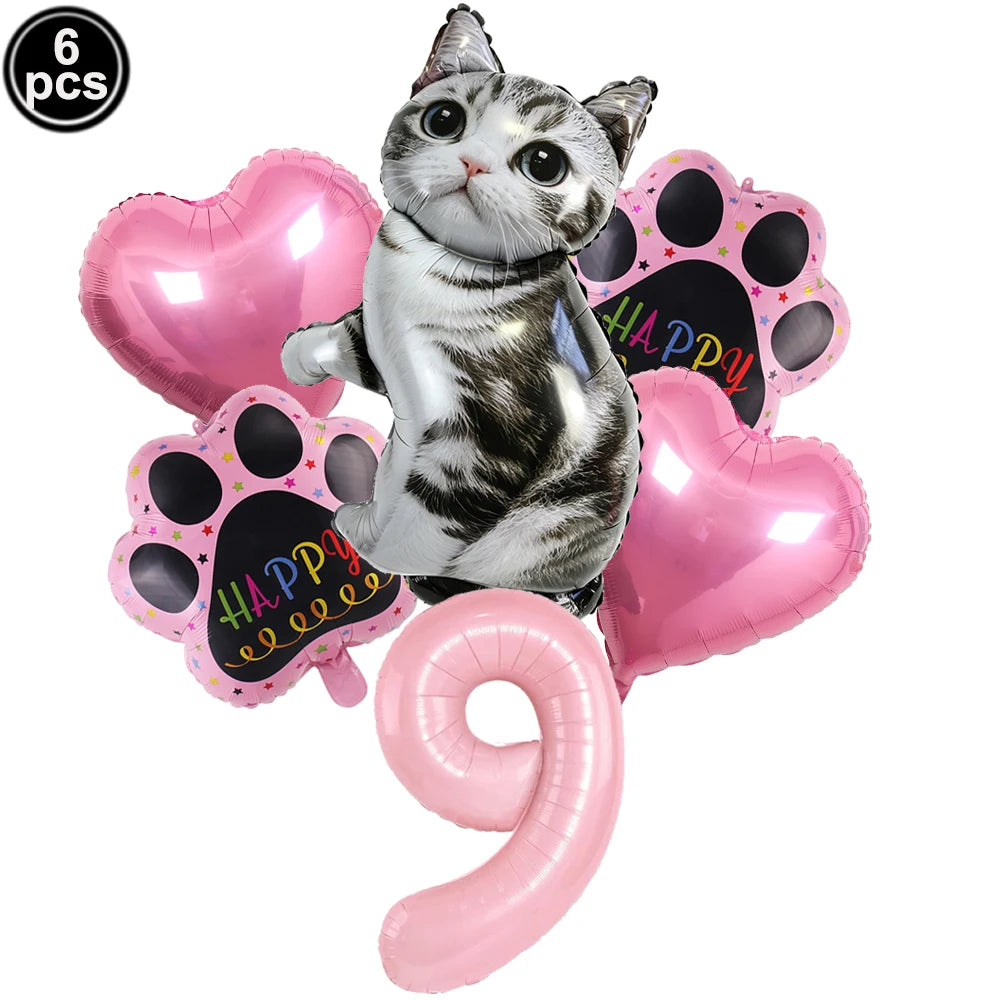 Cat Party Balloons Set Pink Blue Kitten Cat's Paw Foil Balloon with 32'' Number Balloons for Boy Girl 1-9th Birthday Party Decor