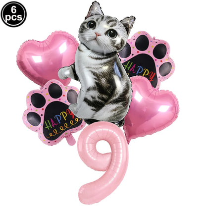 Cat Party Balloons Set Pink Blue Kitten Cat's Paw Foil Balloon with 32'' Number Balloons for Boy Girl 1-9th Birthday Party Decor