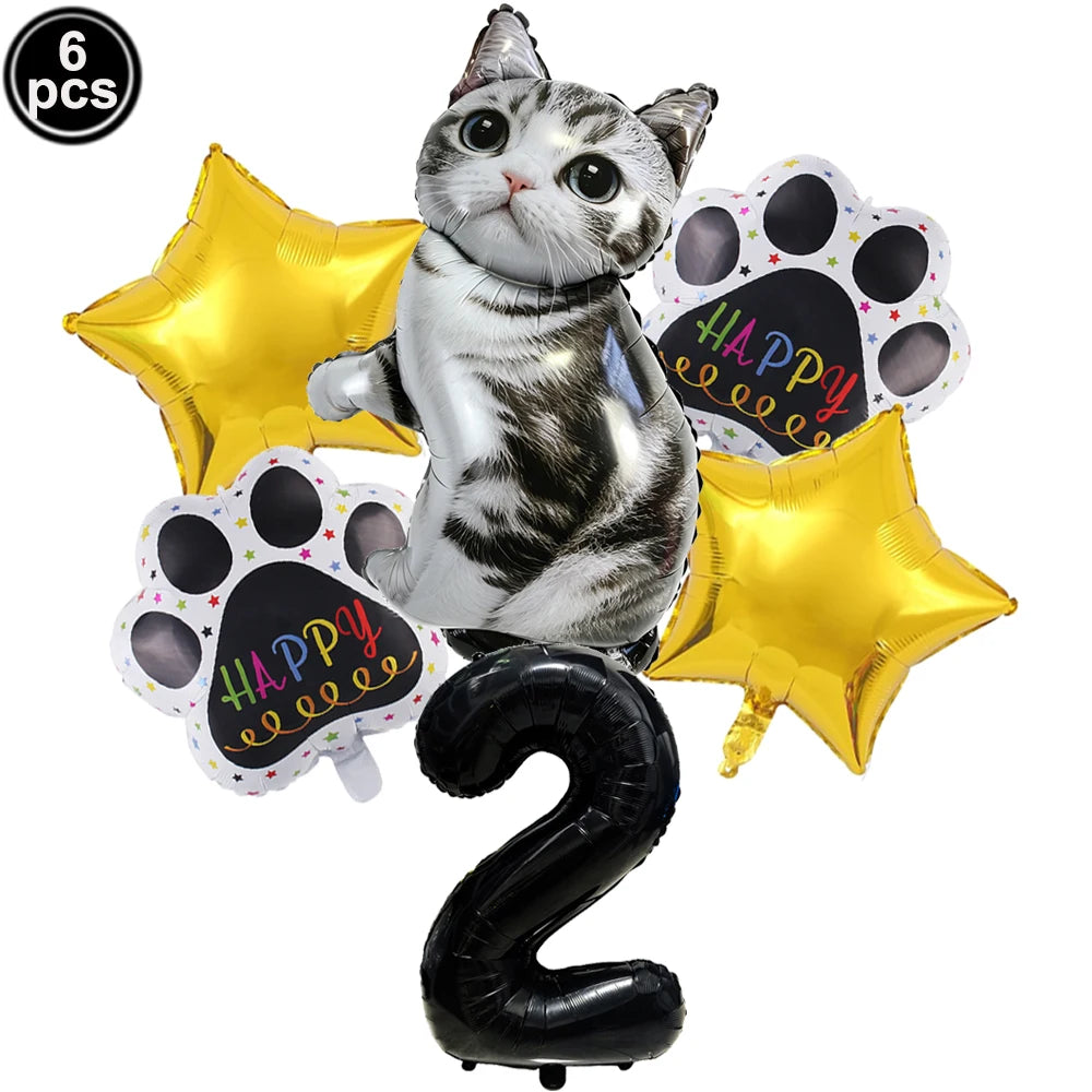 Cat Party Balloons Set Pink Blue Kitten Cat's Paw Foil Balloon with 32'' Number Balloons for Boy Girl 1-9th Birthday Party Decor