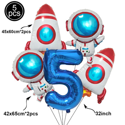 1Set Galaxy Space Balloons Blue 32inchNumber Balloons Rocket Astronaut Balloons for Boys Galaxy Themed Party Birthday Decoration
