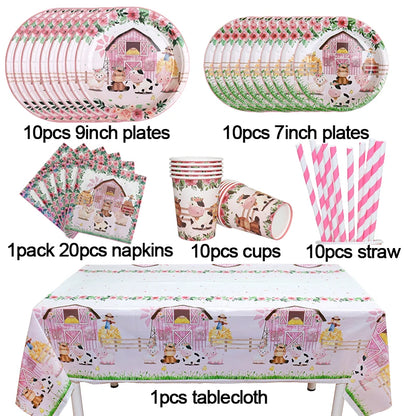 Pink Farm Animals Birthday Decor Disposable Tableware Set Paper Banner Floral Plates Baby Shower Girl Birthday Party Decorations