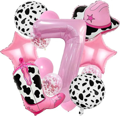 Pink Cowboy Boots & Hat Foil Balloons Set for Farm Birthday Decorations, Western Theme Party Supplies with Number Balloons