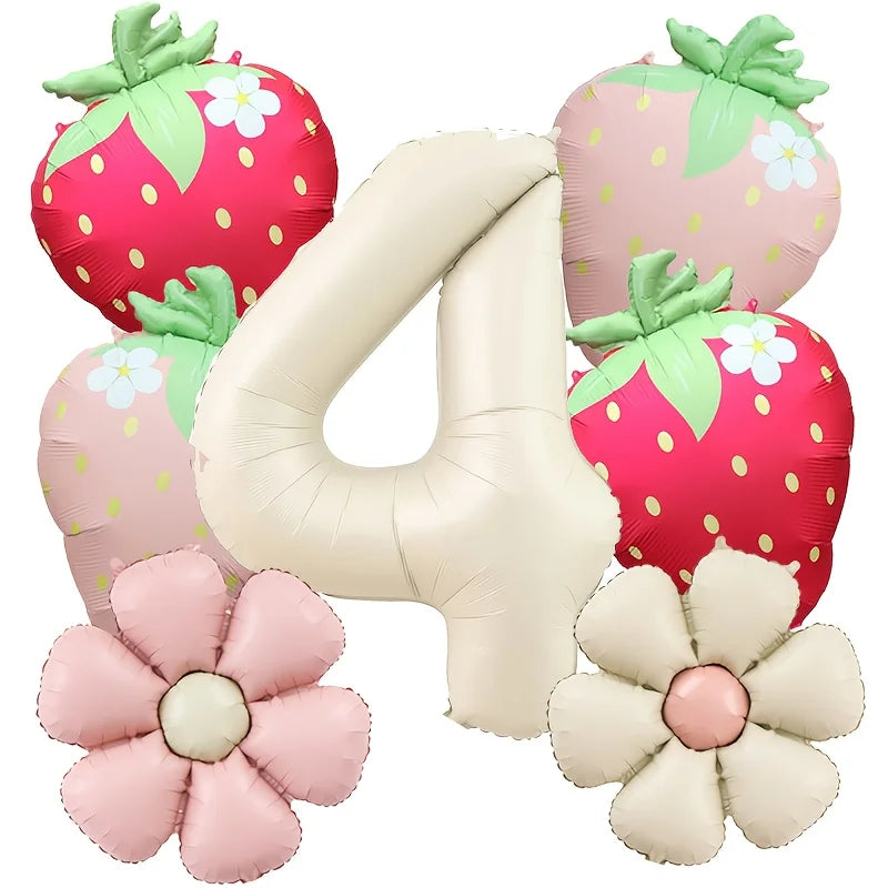7Pcs Fruit Strawberry Flower Foil Balloon with 40inch Cream Number Balloon Berry First Birthday Sweet Summer Party Supplies